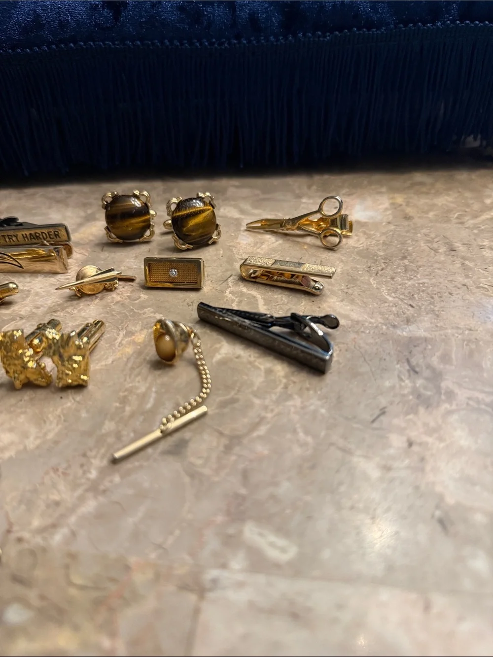 Vintage collection lot of 20 unique pins, Tie clips, cufflinks from 1940s-1980s